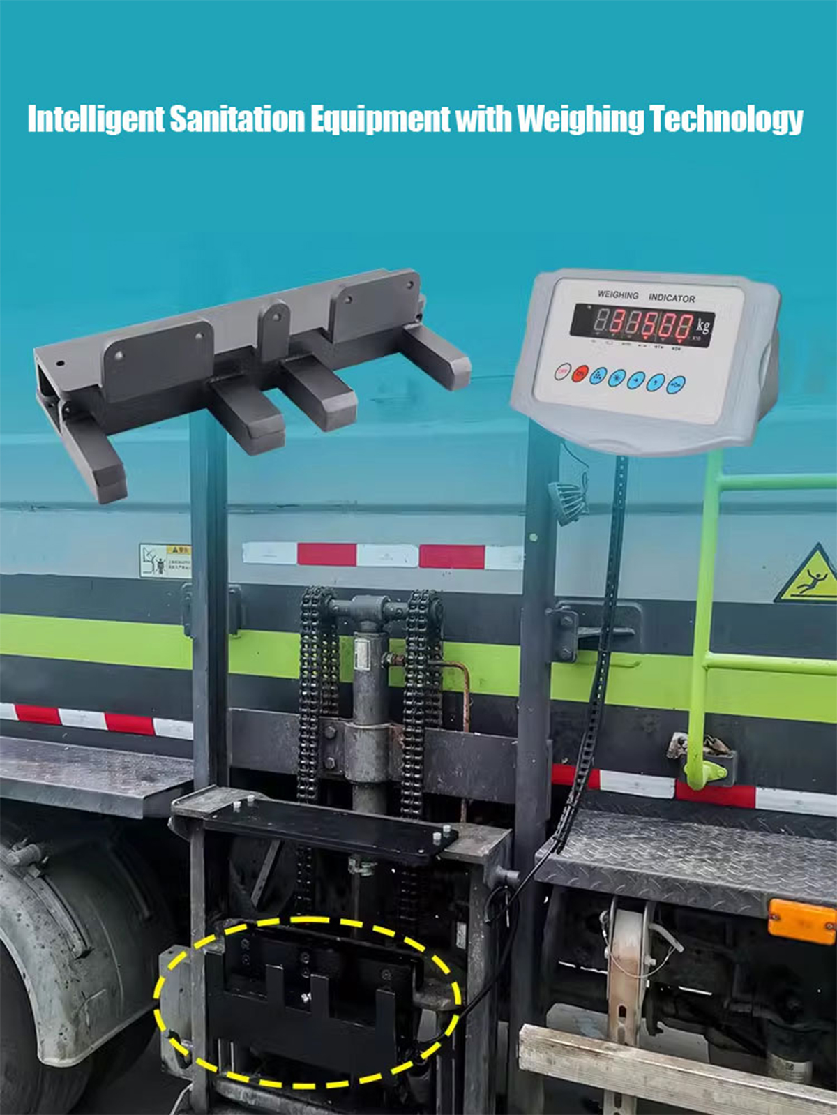 Onboard weighing system with load cell sensors installed on a garbage truck showing real-time weight monitoring