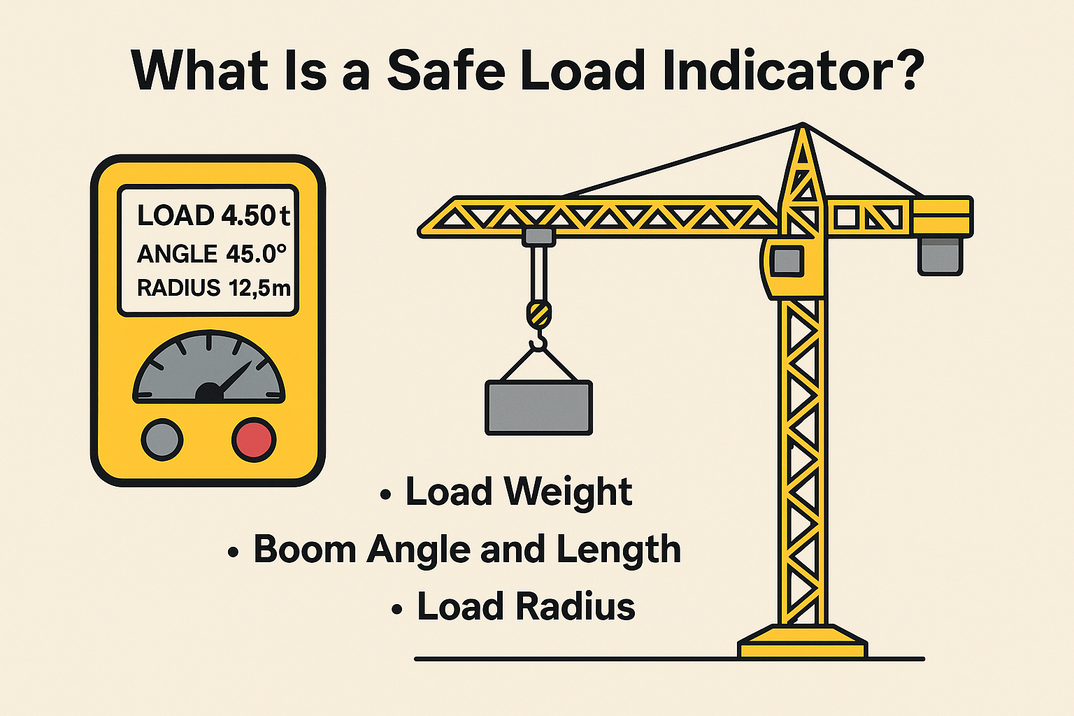 Safe Load Indicator SLI system installed on tower crane showing load monitoring display panel