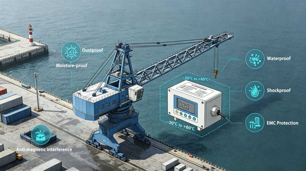 Outdoor crane equipment requires IP65 protection, wide temperature tolerance, vibration resistance, and EMC performance for reliable operation in harsh job site conditions.