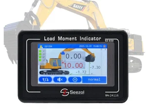 SeeZol SZ-E02 load moment indicator display installed on a SANY excavator, showing real-time load readout