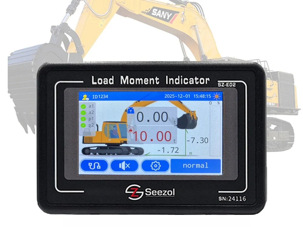 SeeZol SZ-E02 load moment indicator display installed on a SANY excavator, showing real-time load readout