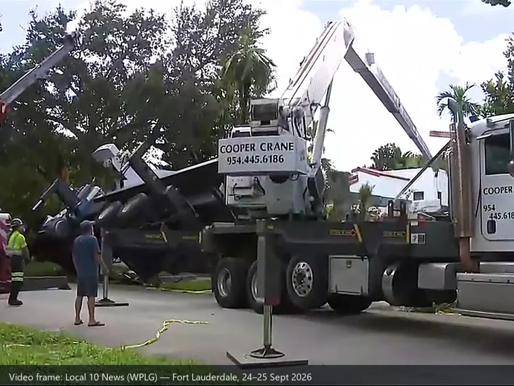 The Fort Lauderdale incident scene: an overturned boom truck on its side in the street, a recovery crane at left and a second company crane at right, behind caution tape