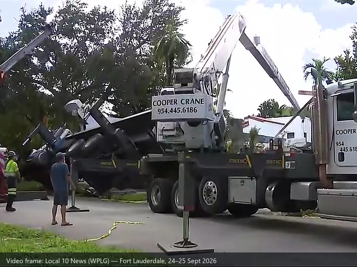 The Fort Lauderdale incident scene: an overturned boom truck on its side in the street, a recovery crane at left and a second company crane at right, behind caution tape